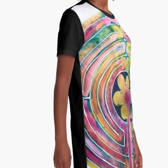 Watercolor Labyrinth Graphic T-Shirt Dress Made in USA - Picture 3 of 6
